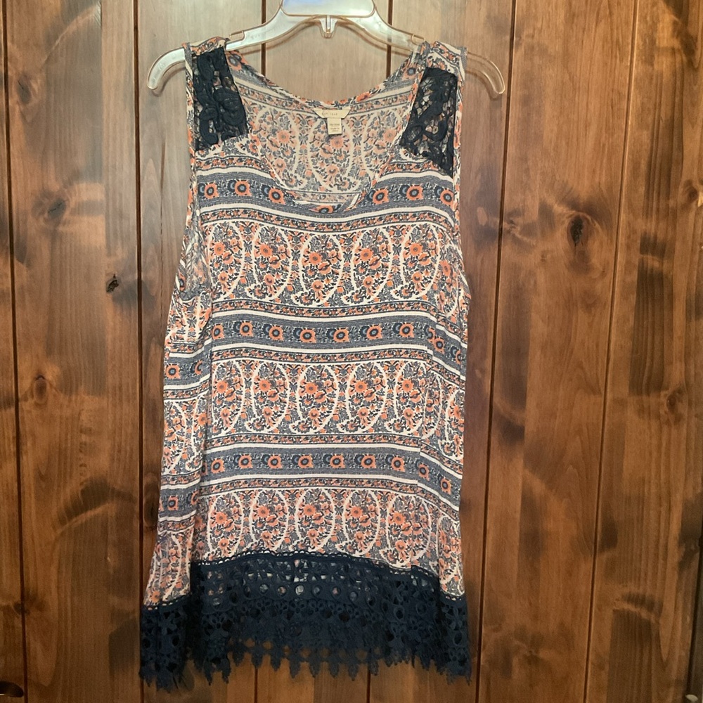 Cato Navy and Coral Printed Lace-Trim Tank